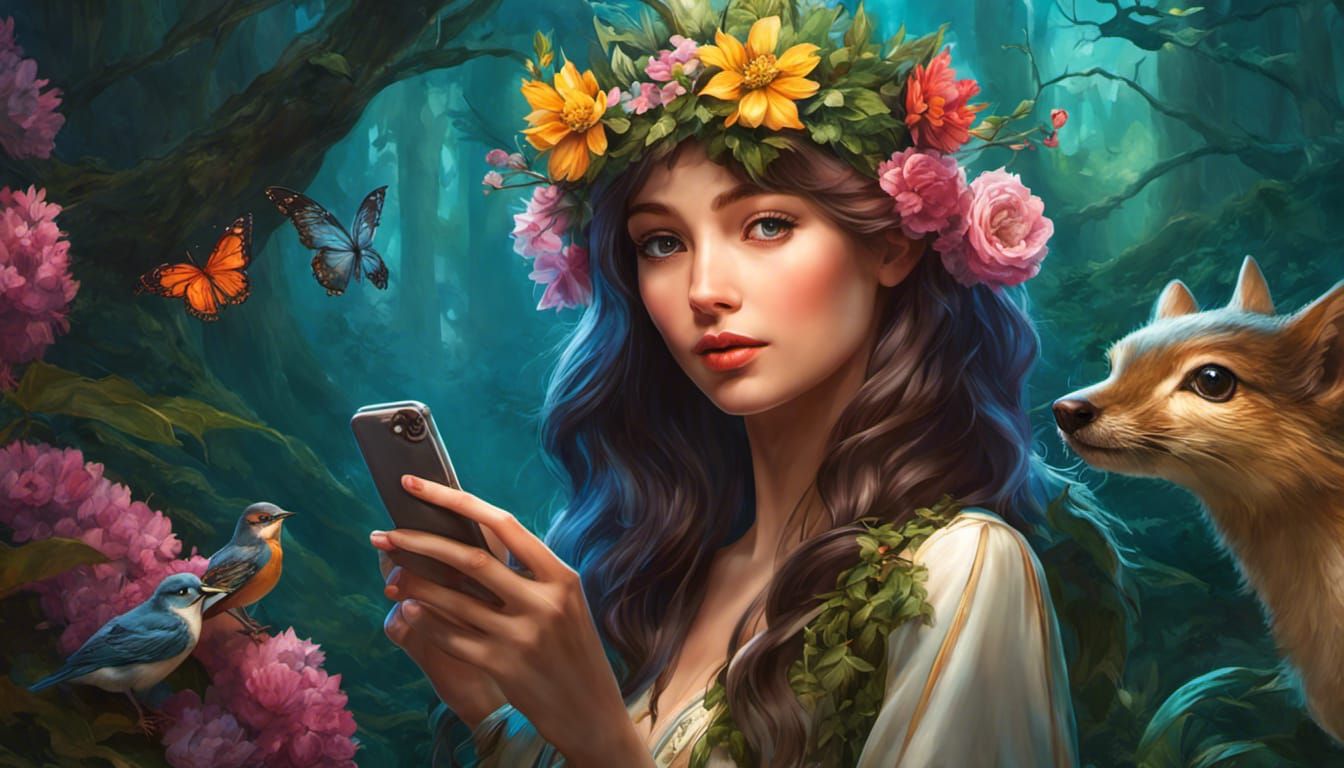 "selfie" of adorable woman taking a selfie with magical fore...