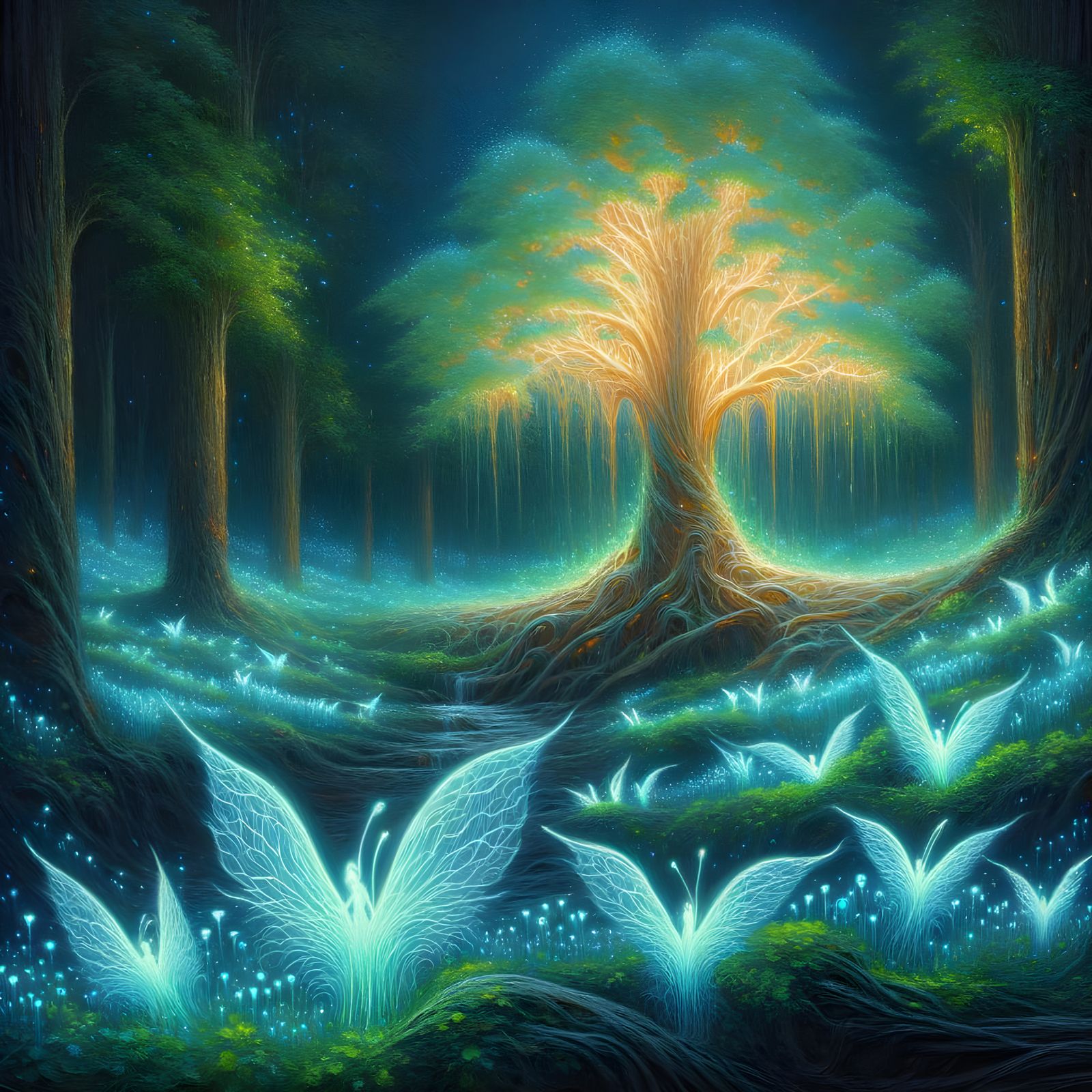 Bioluminescent Forest Floor Oil Painting with Glowing Tree