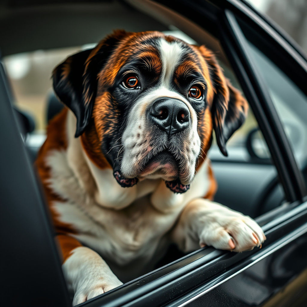 Saint Bernard Sticks Head Out Car Window in Hyperrealistic H...