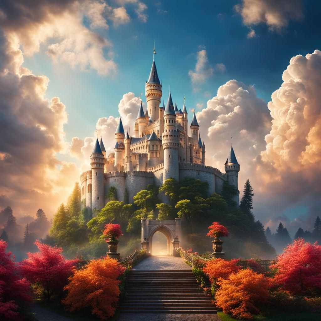 Celestial Castle Amidst Whispy Clouds in Ethereal Style