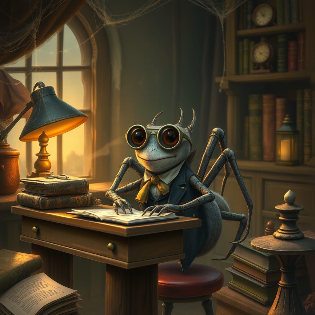 Anthropomorphic Spider Scholar in Cozy Study
