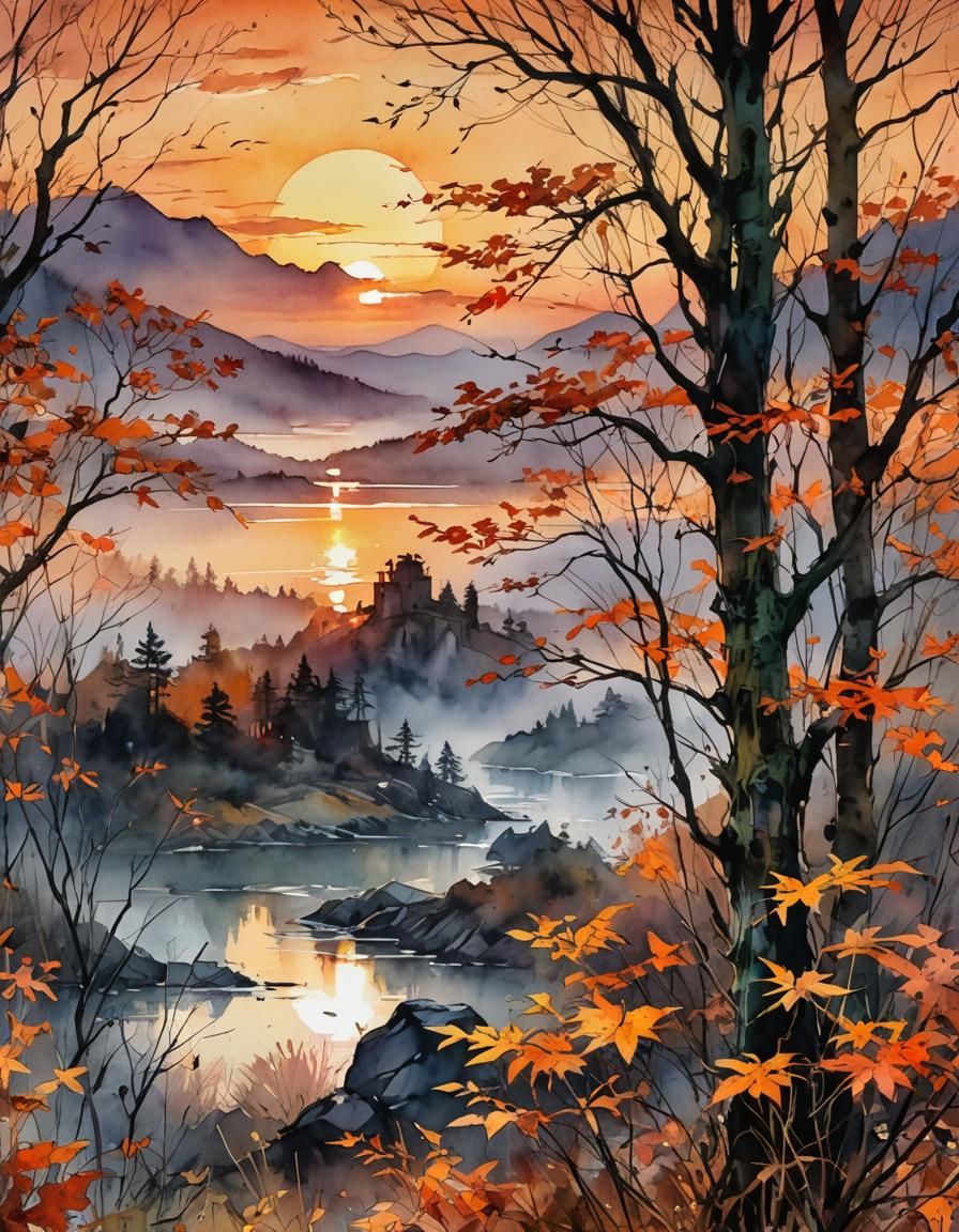 Stunning Seasonal Sunset in Digital Watercolor