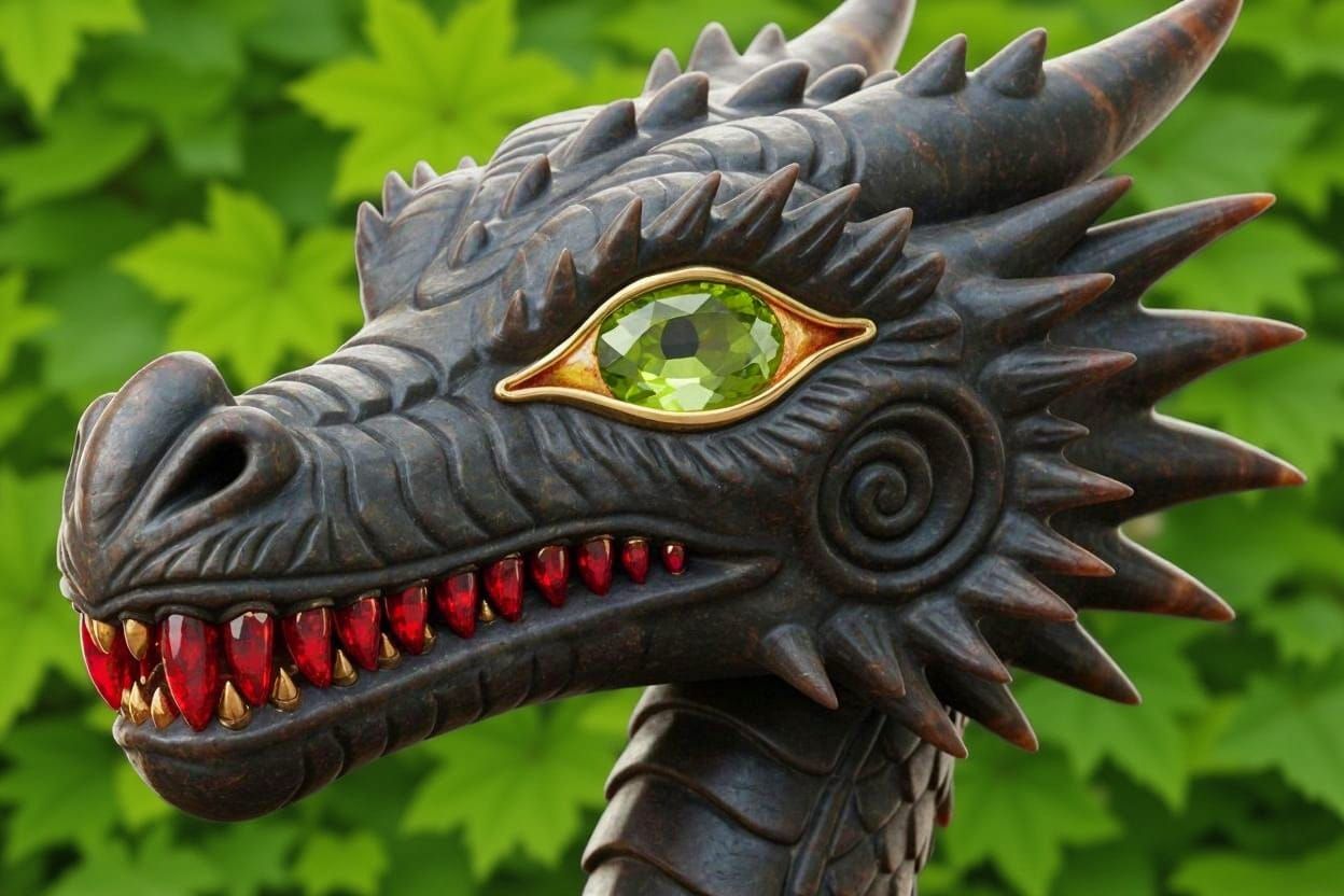 Peridot Dragon eye in a carved sardonyx stone dragon head with spinel teeth