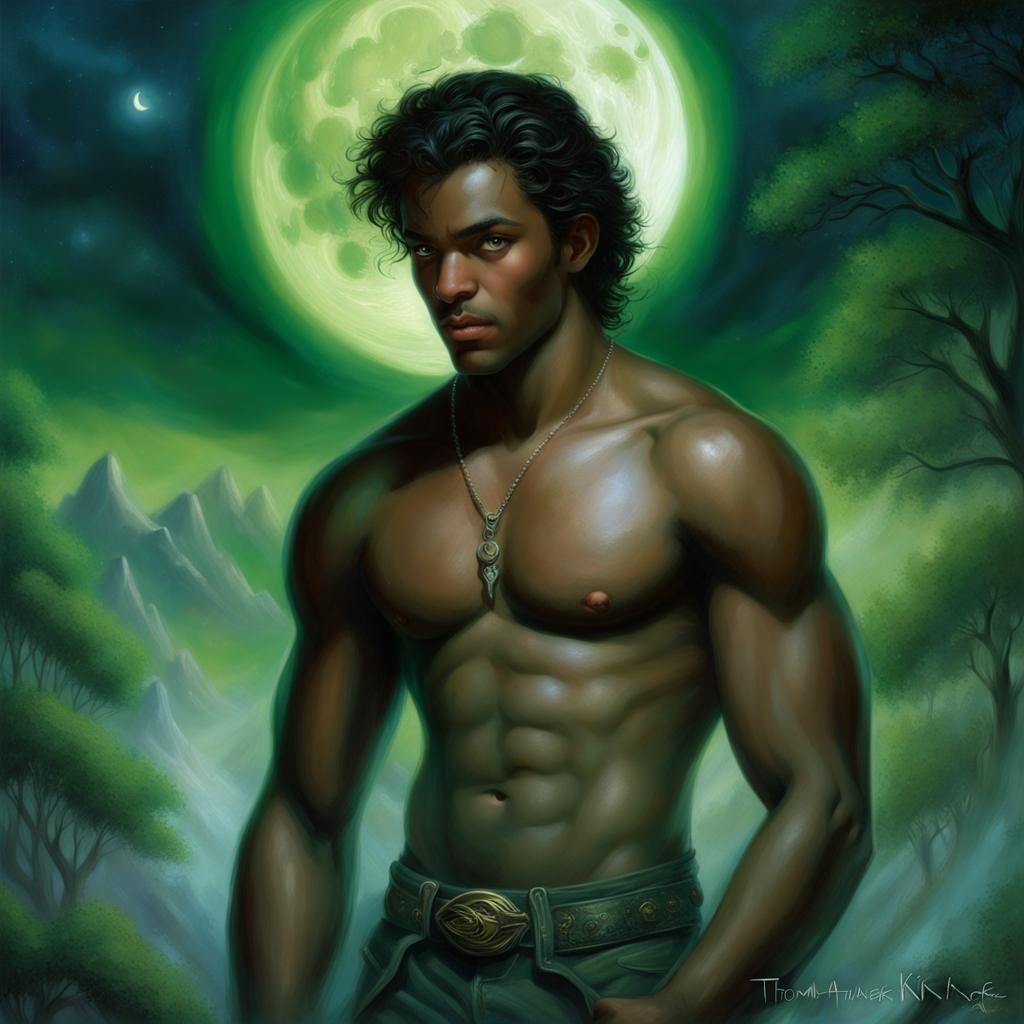 Toned Black Man Standing Under a Full Moonlit Night Sky