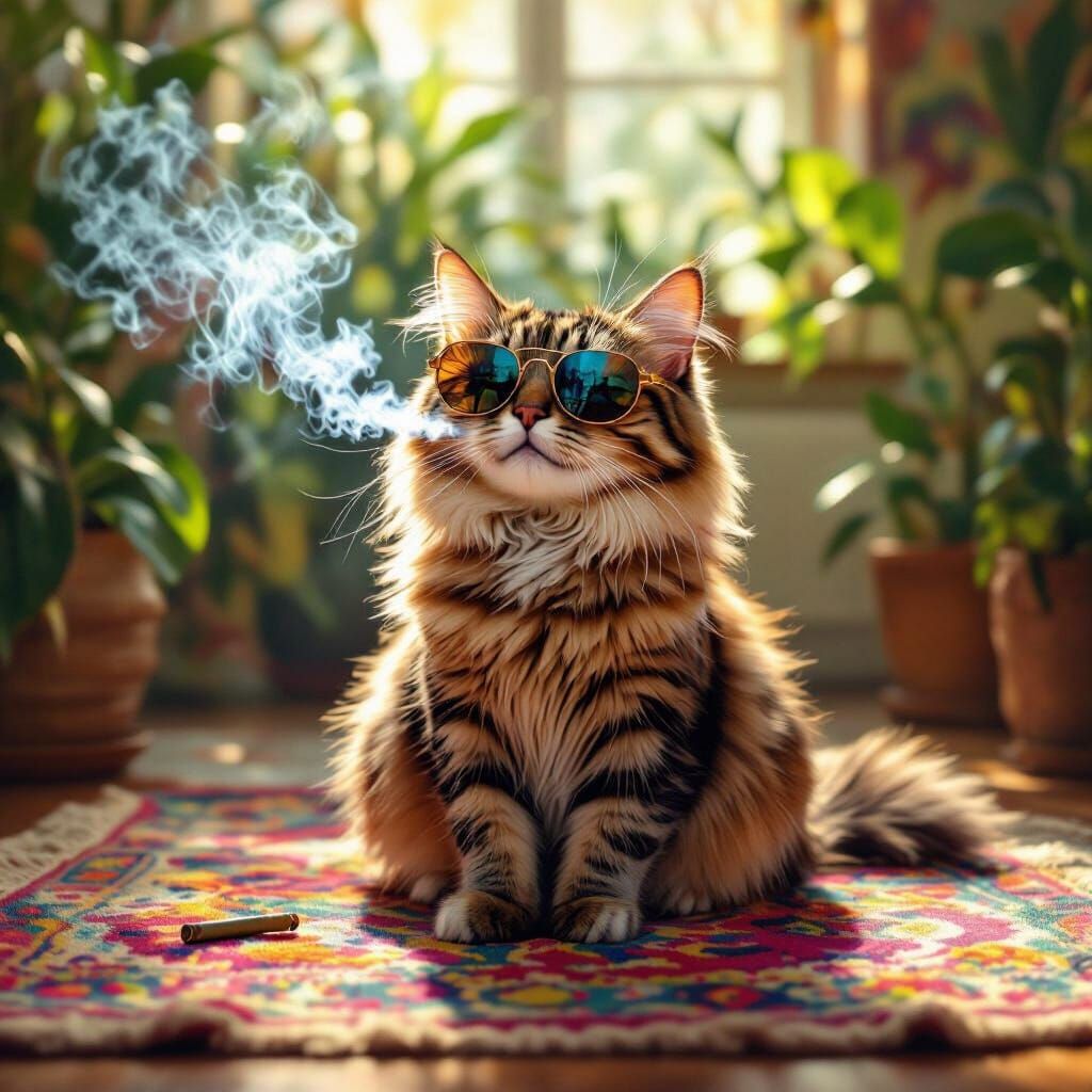 Psychedelic Tabby Cat Exhales Smoke in Sunlit Room