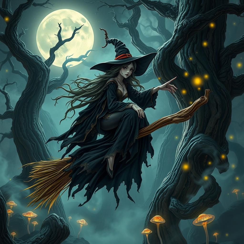 Wicket witch of the east on a broomstick through the forest