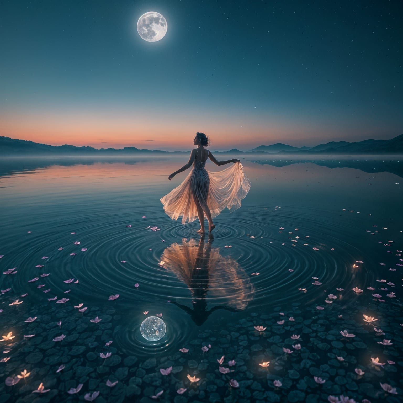Dancer Under Twin Moons in Hyper-Surreal Dreamscape