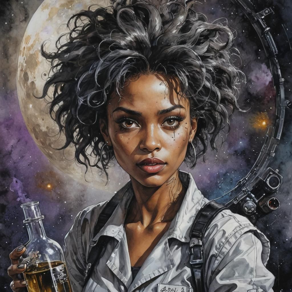 Surrealistic Portrait of a Black Female Scientist in Cosmic....