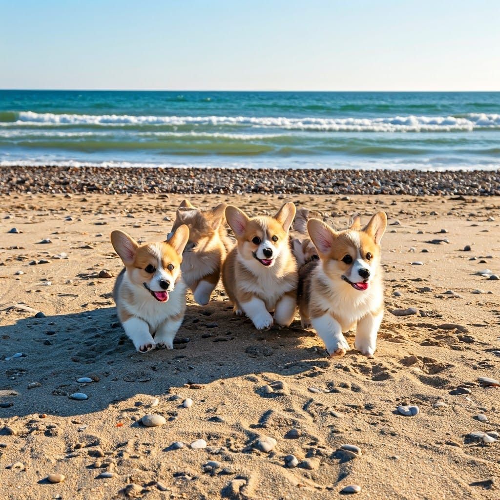 Adorable Pembroke Welsh Corgi Puppies Run in Joyful Formatio...