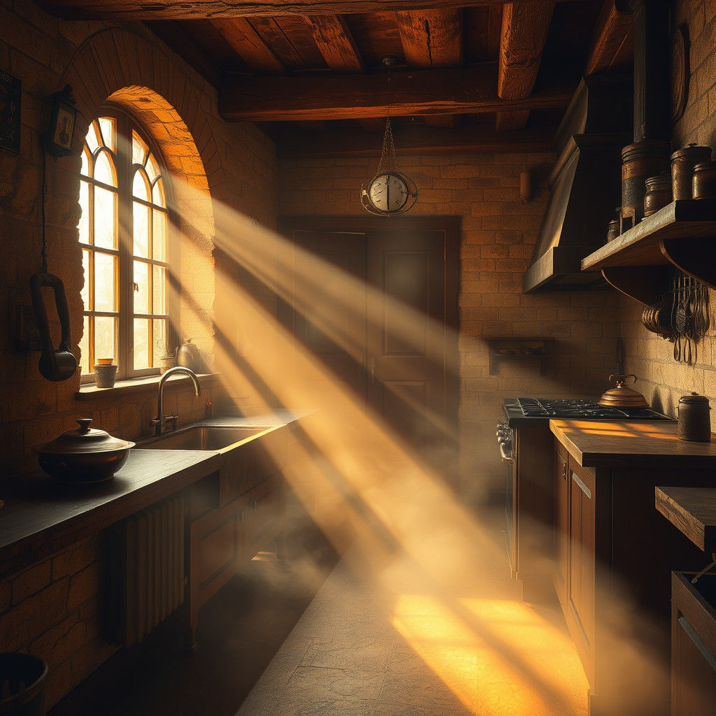 Warmly Lit Rustic Kitchen Scene in Soft Focus