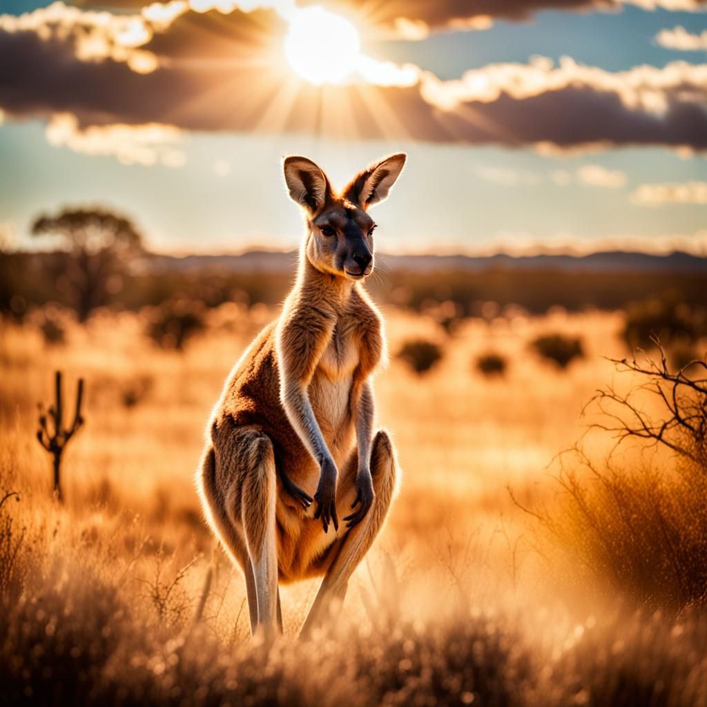 Majestic Kangaroo in Sun-Kissed Outback Landscape