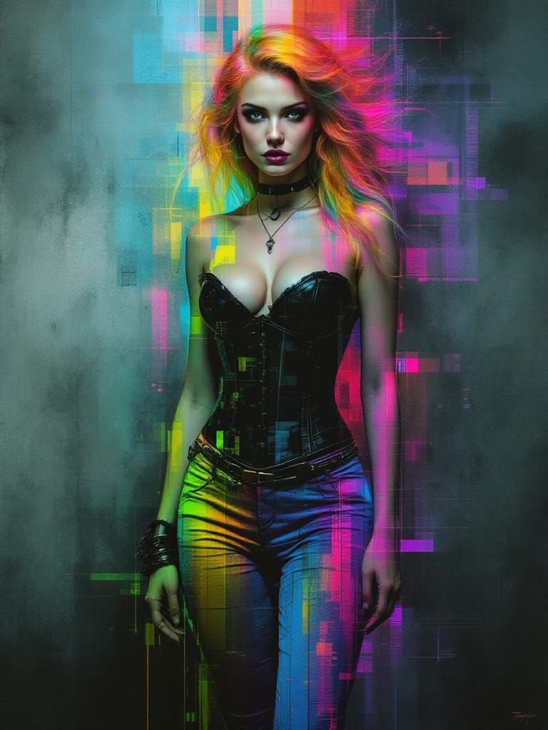 Glitch Art Fusion: Rainbow Haired Woman in Dürer & Mucha Sty...
