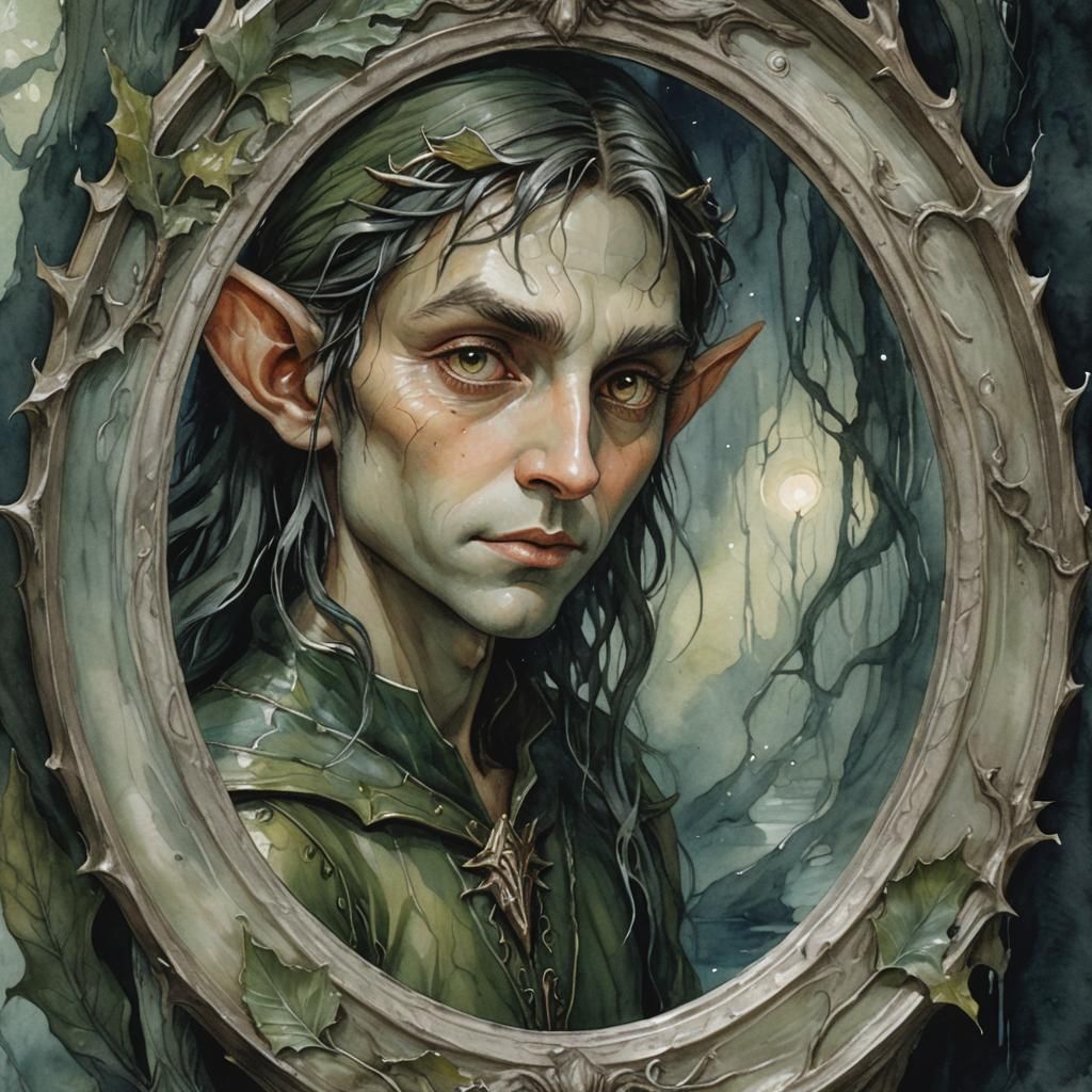 Elf Contemplates Ancient Mysticism in Moonlit Mirror