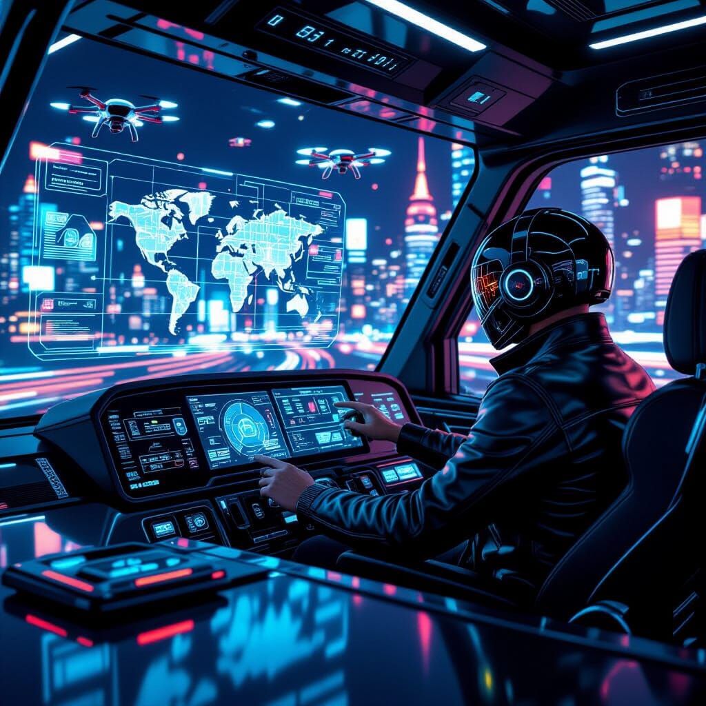 Cyberpunk Truck Cockpit with Holographic Maps