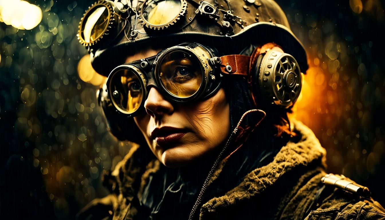 Dieselpunk Woman in Worn Khaki with Leather Helmet and Goggl...