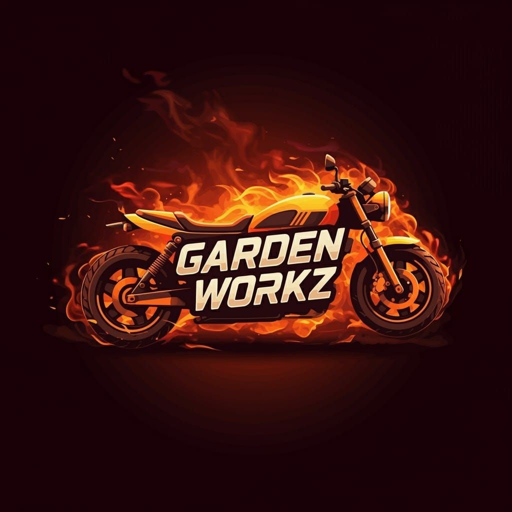 Garden Workz Logo: Futuristic Motorcycle Repair Emblem in Bl...