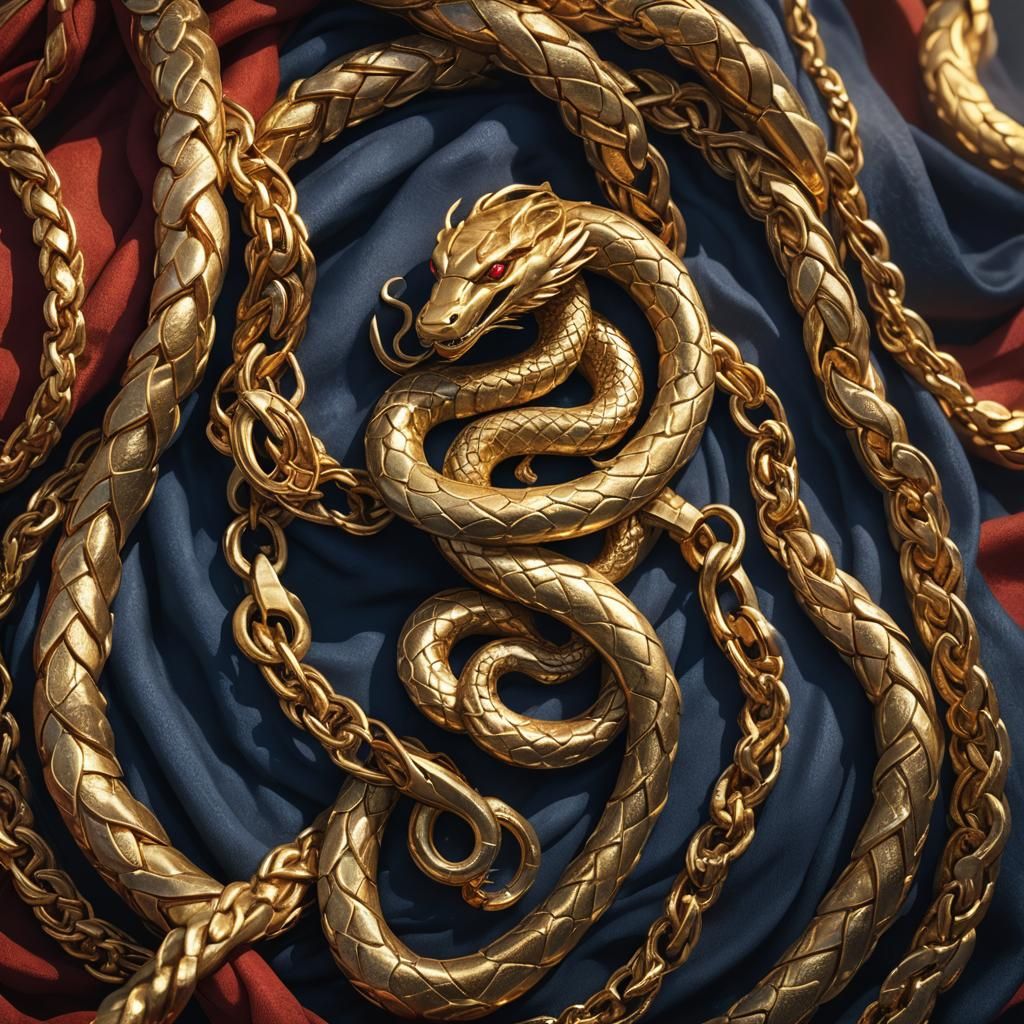 Golden Serpent Emblem Adorns Luxurious Golden Scarf in Vibra...