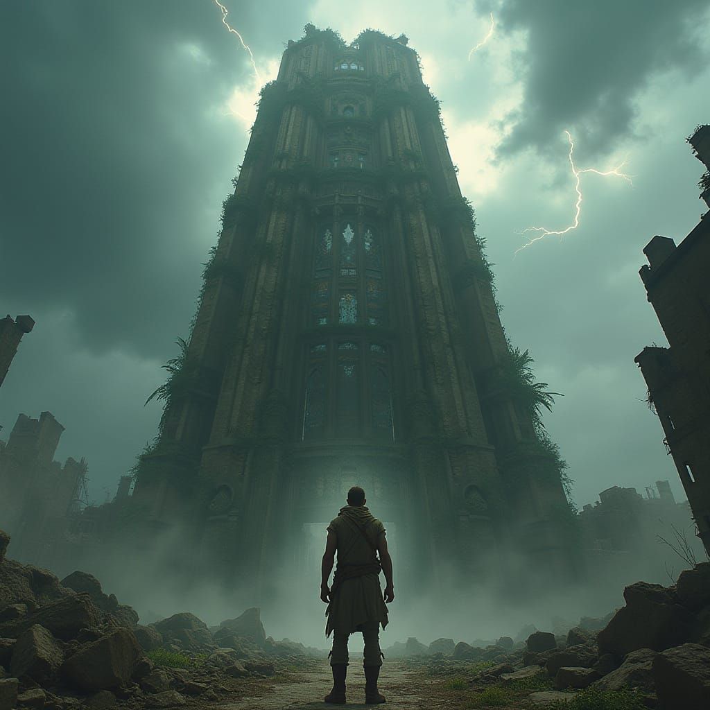 Wanderer in Dilapidated City Under Stormy Sky