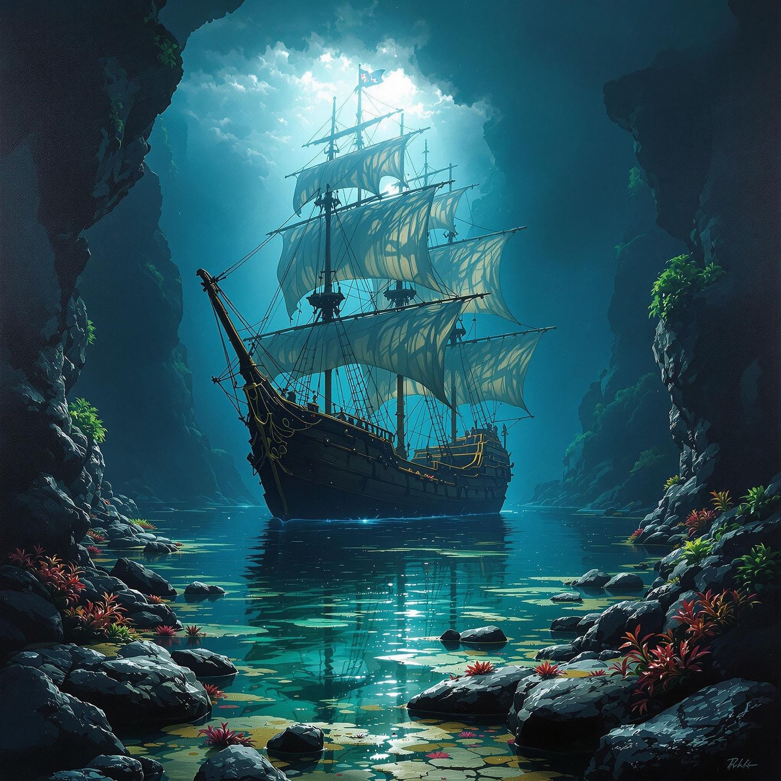 Pirate Ship Anchored in Moonlit Bay as Oil Painting