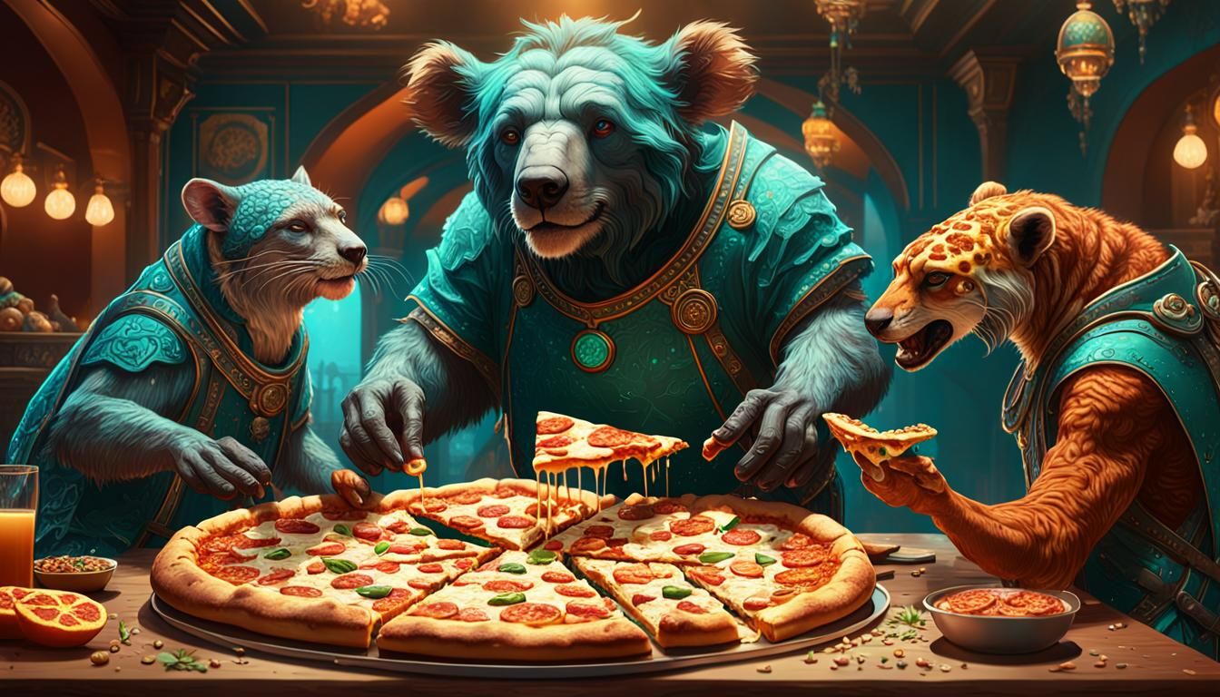 Fantastical Creatures Enjoy Pizza Gathering in Vibrant Color