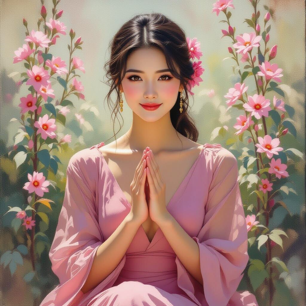 Thai Woman in Pink Dress: Impressionistic Art Nouveau