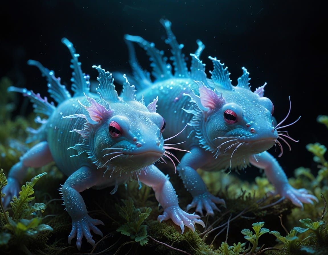 Ethereal Axolotls in Bioluminescent Dreamscapes