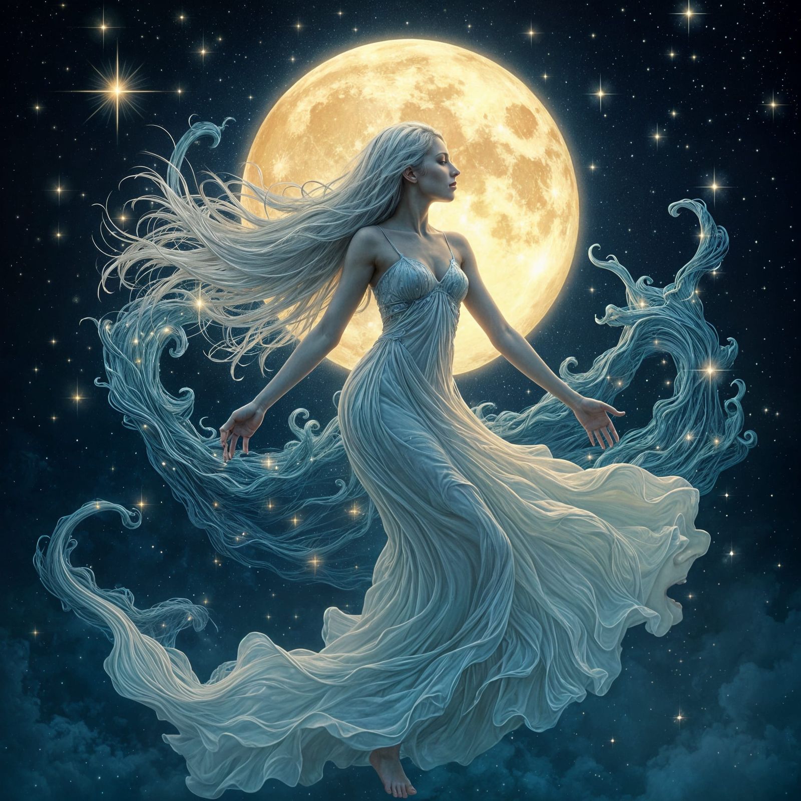 Ethereal Moon Goddess in Art Nouveau Style