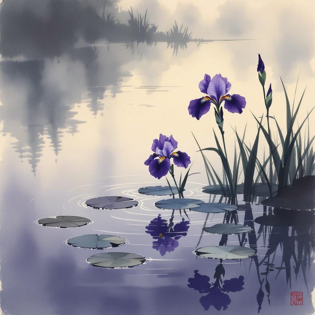 Misty Pond Irises in Ukiyo-e Style