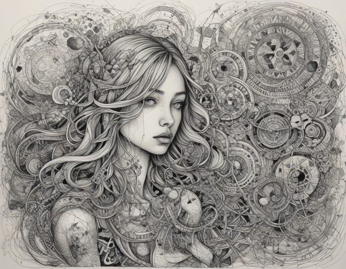 Ethereal Sister in Motion, Fine Line Drawing with Intricate ...