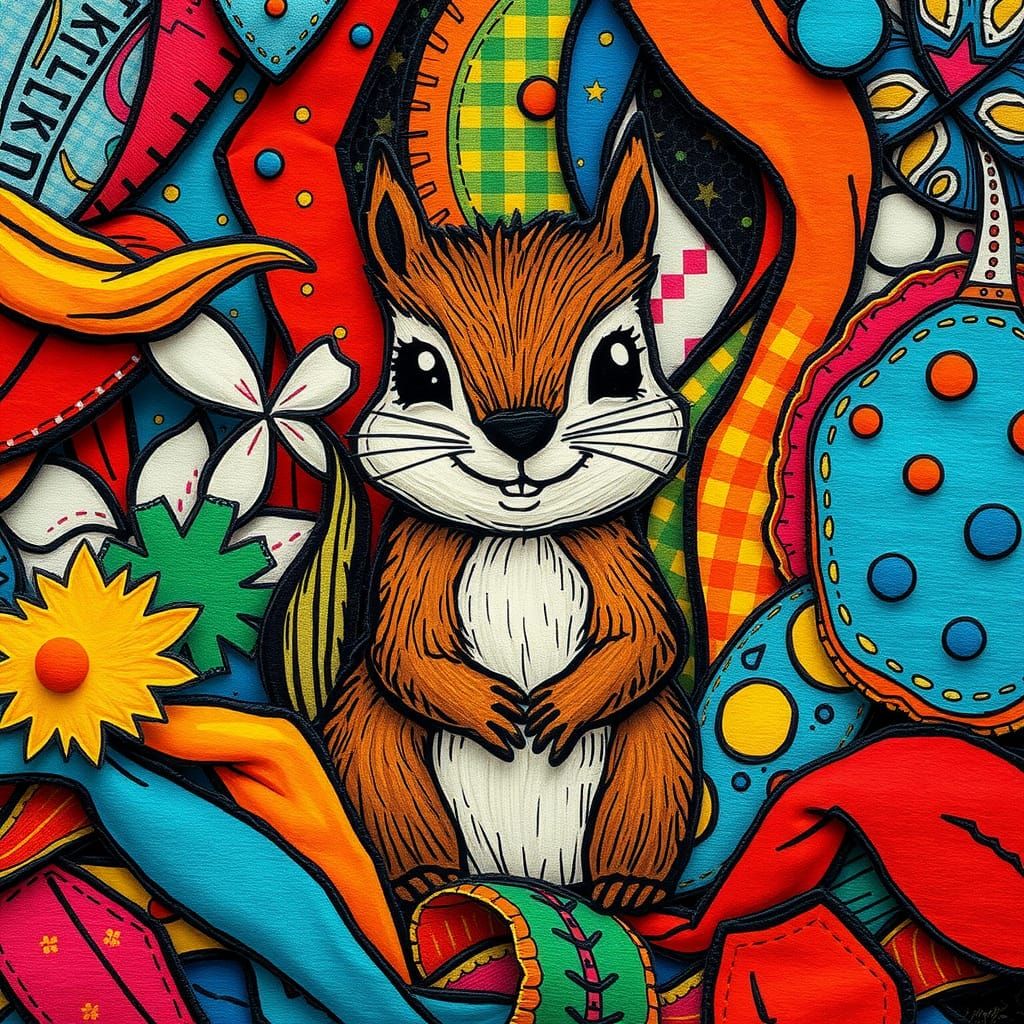 Joyful Squirrel in Vibrant Textile Collage