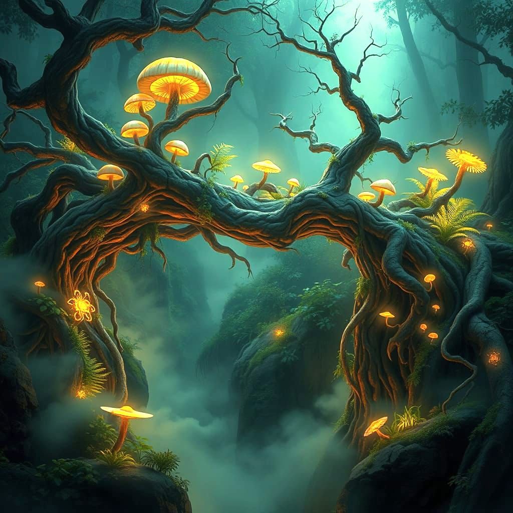 Ethereal Bridge in Primeval Forest, Radiant with Bioluminesc...