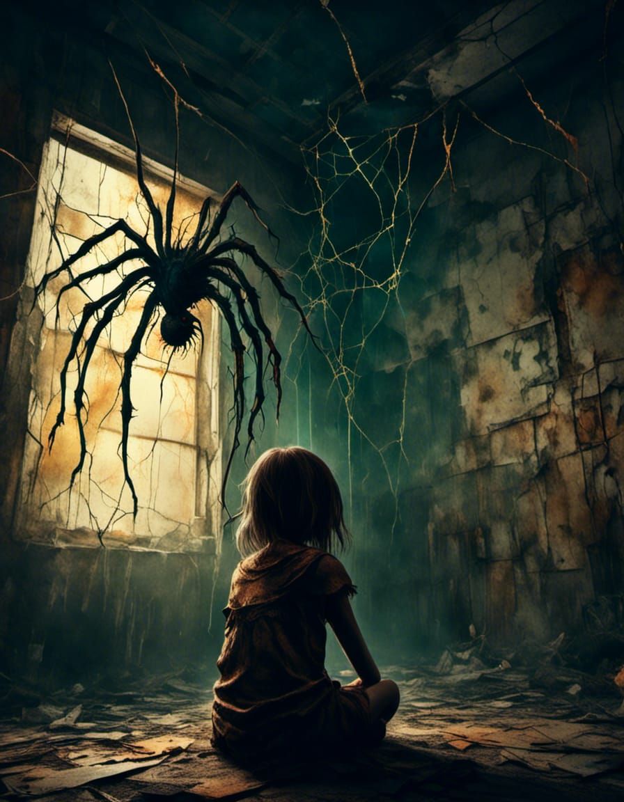A little girl sitting scared in the corner of a dilapidated backroom, a hideous spider monster hangs from the roof, back...