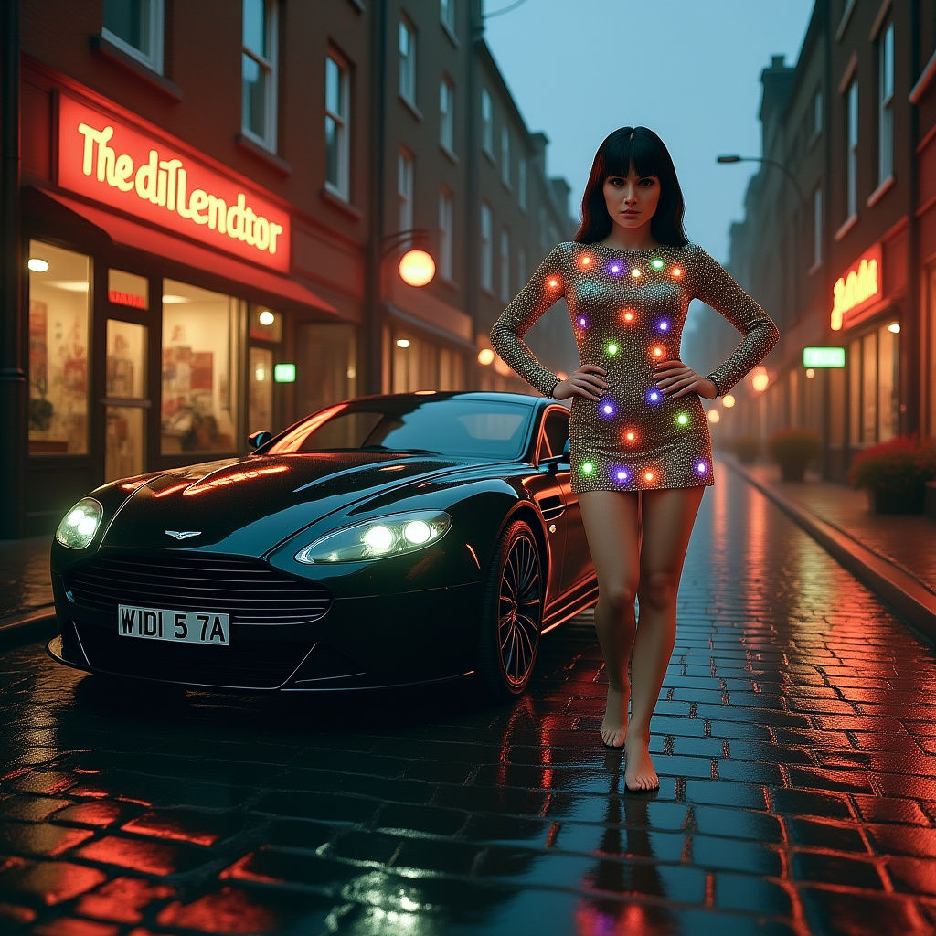 Glowing 1970s Jumper Dress on Dusk Cobblestone Street