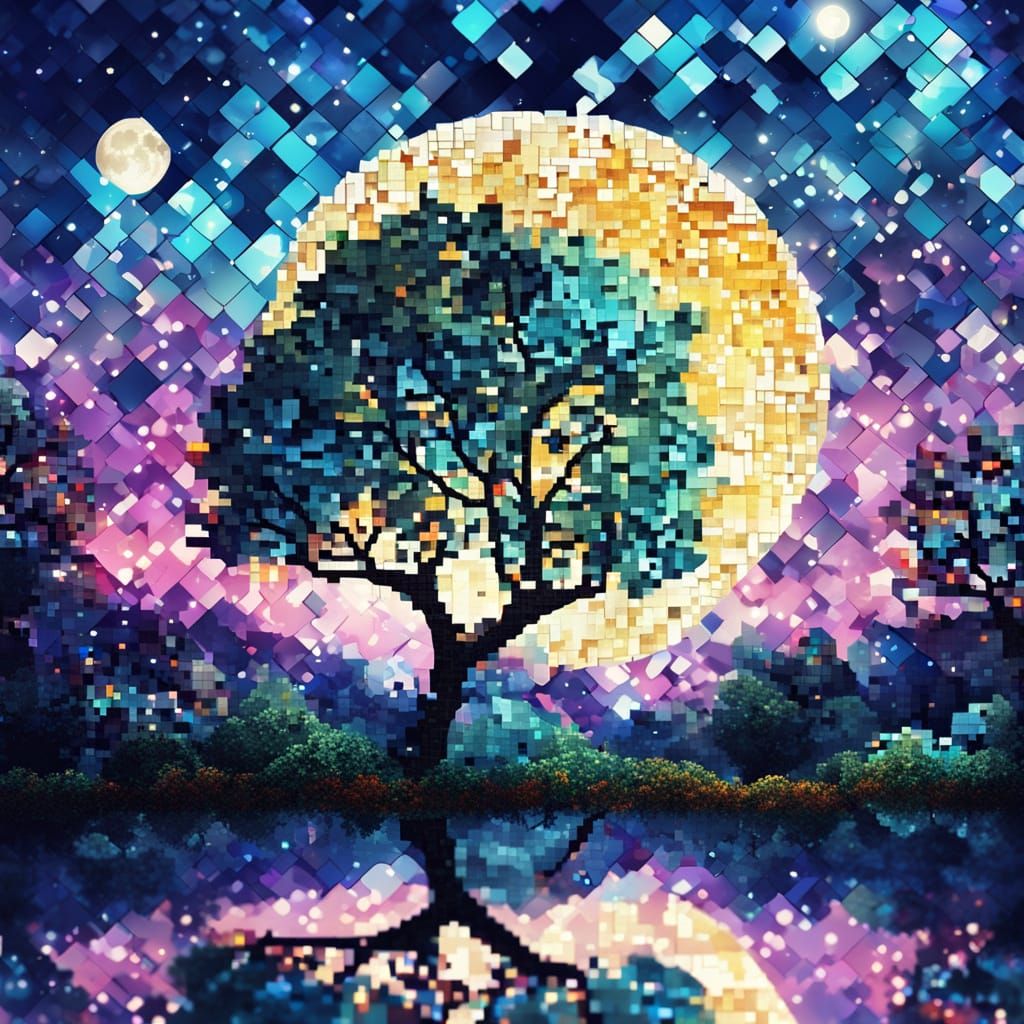 Mosaic Tree Under Moonlit Sky