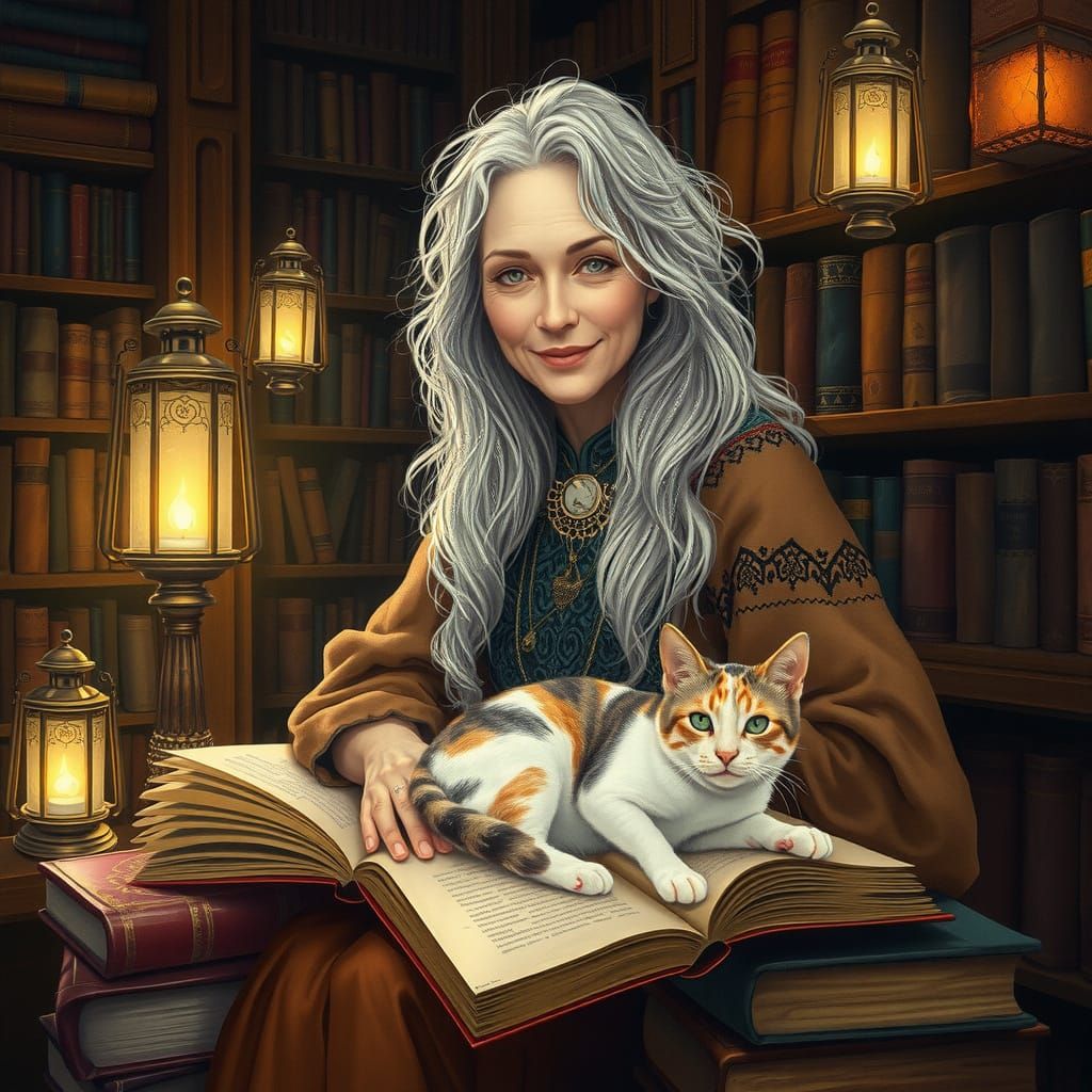 Whimsical Bohemian Goddess Amidst Golden Library