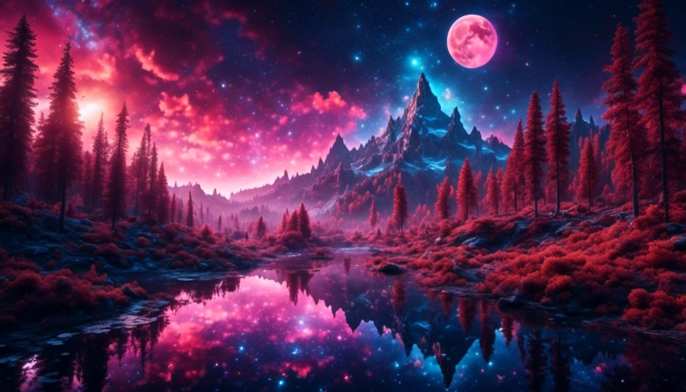 Hyperreal Moonlit Galaxy Reflects in Sunset Pond
