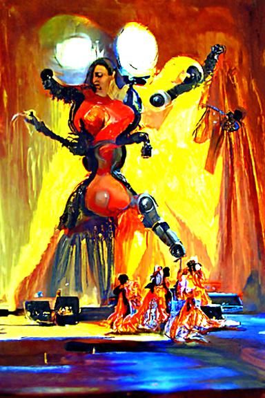 extraterrestial sexy female flamenco dancers performing in stage, observed by large male robot audience cheering her per...