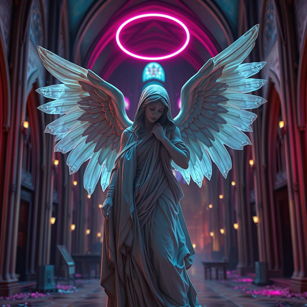 Cyberpunk Angel Statue in Neon Cathedral