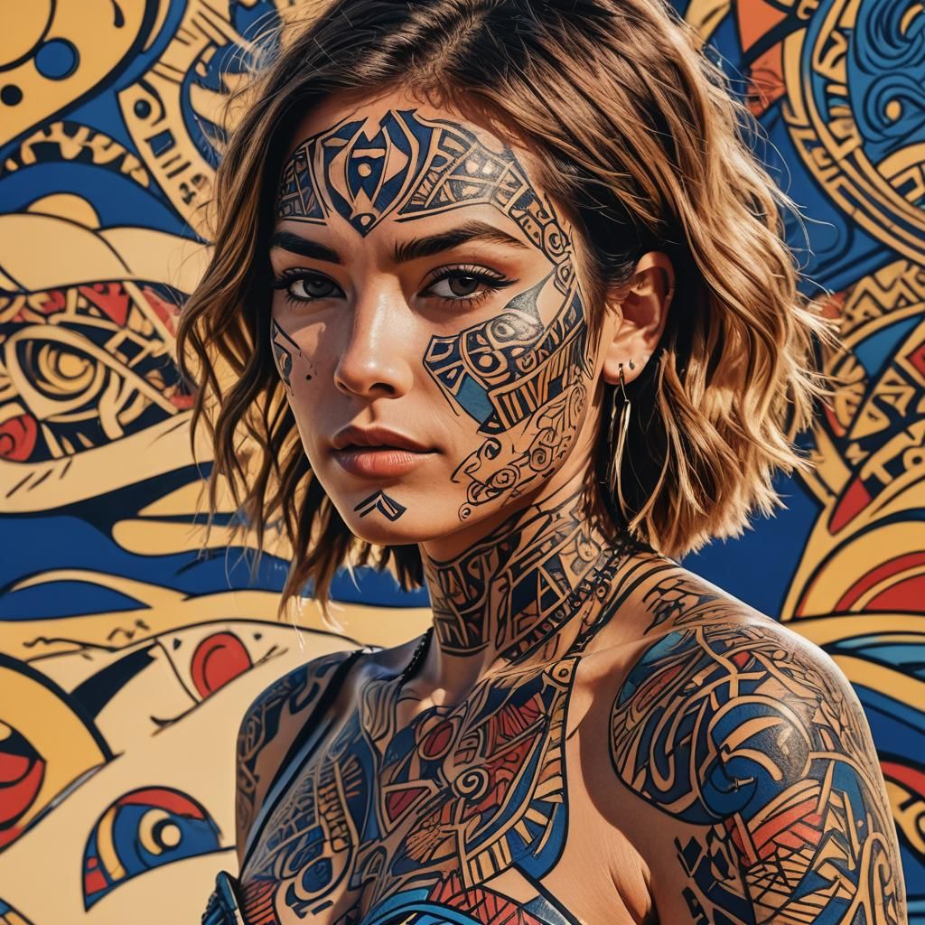 Vibrant Pop Art Portrait of a Woman with Tribal Tattoos in N...