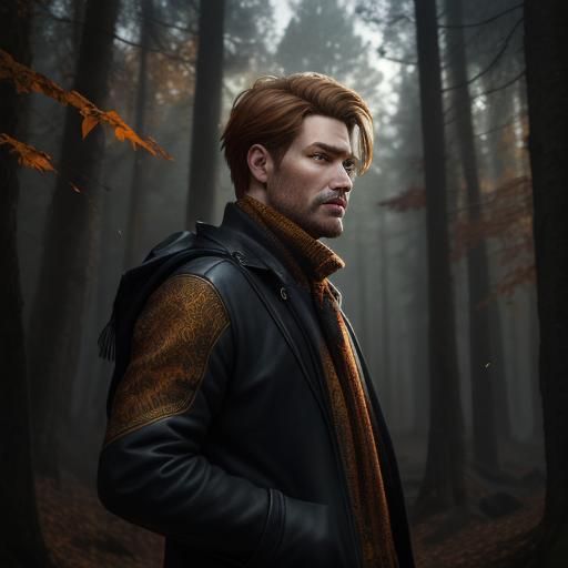 Young Man in Autumn Landscape, Cinematic Hyperrealistic Port...