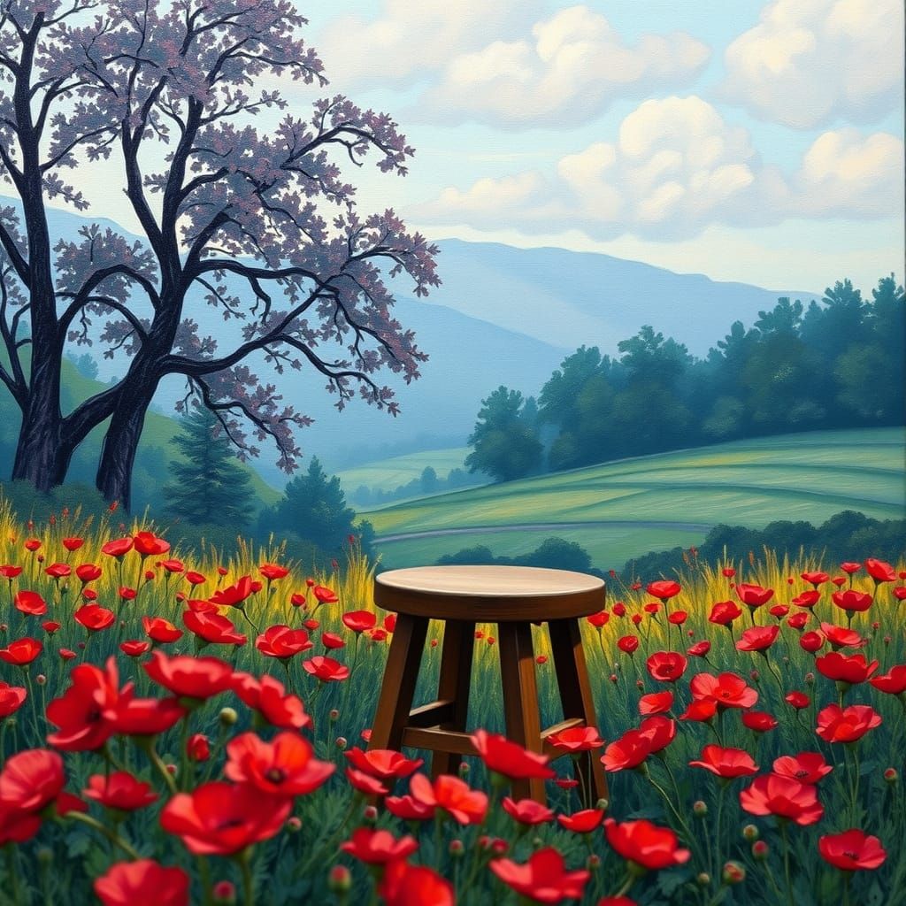 Poppy Field Stool in Art Nouveau Impressionism