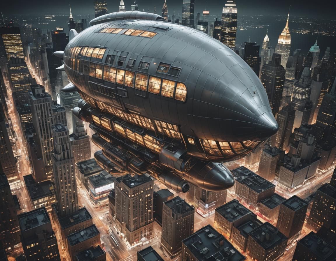 Stunning Futuristic Cityscape with Blimp and Nighttime Light...
