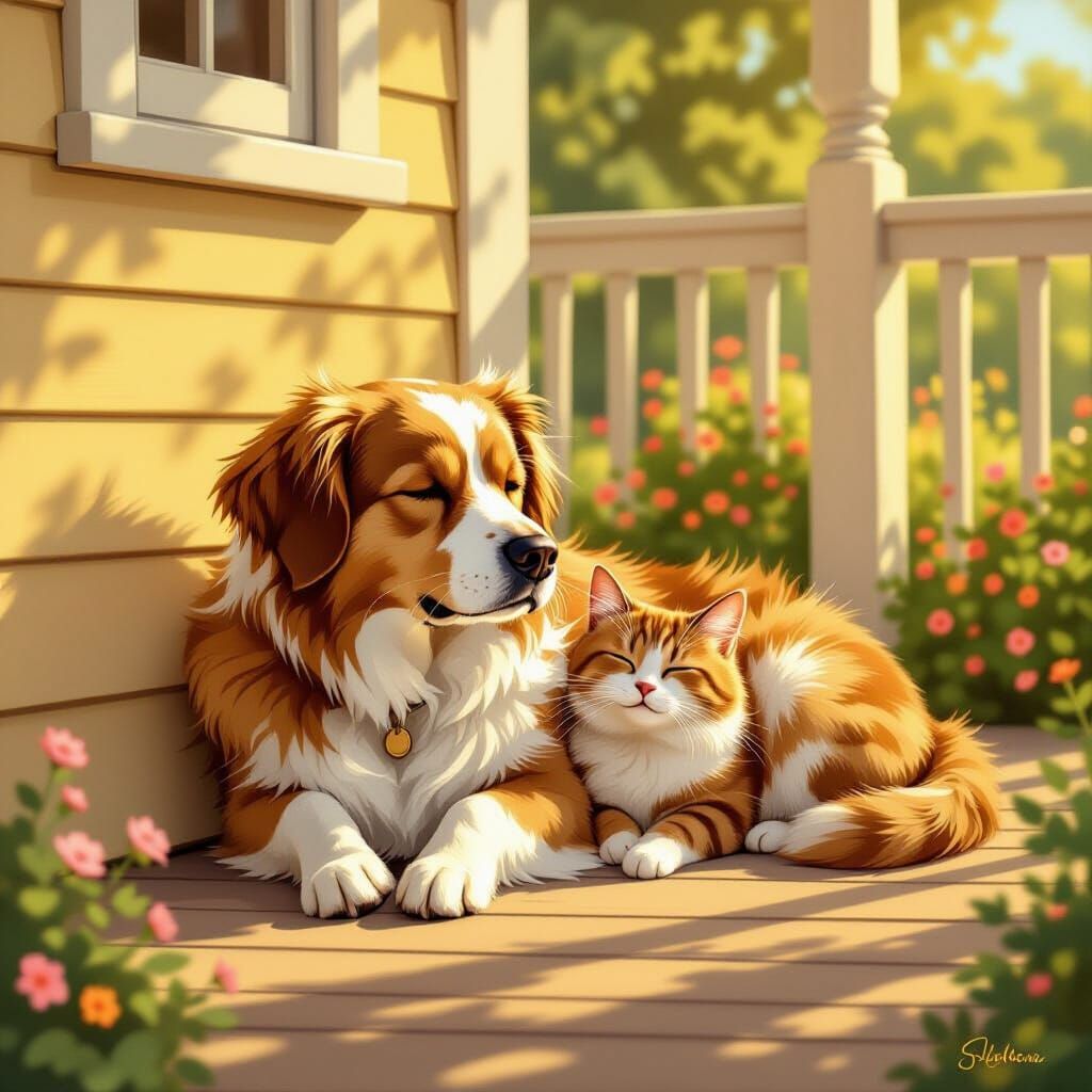 Elderly Dog and Cat Relaxing on Porch in Storybook Style