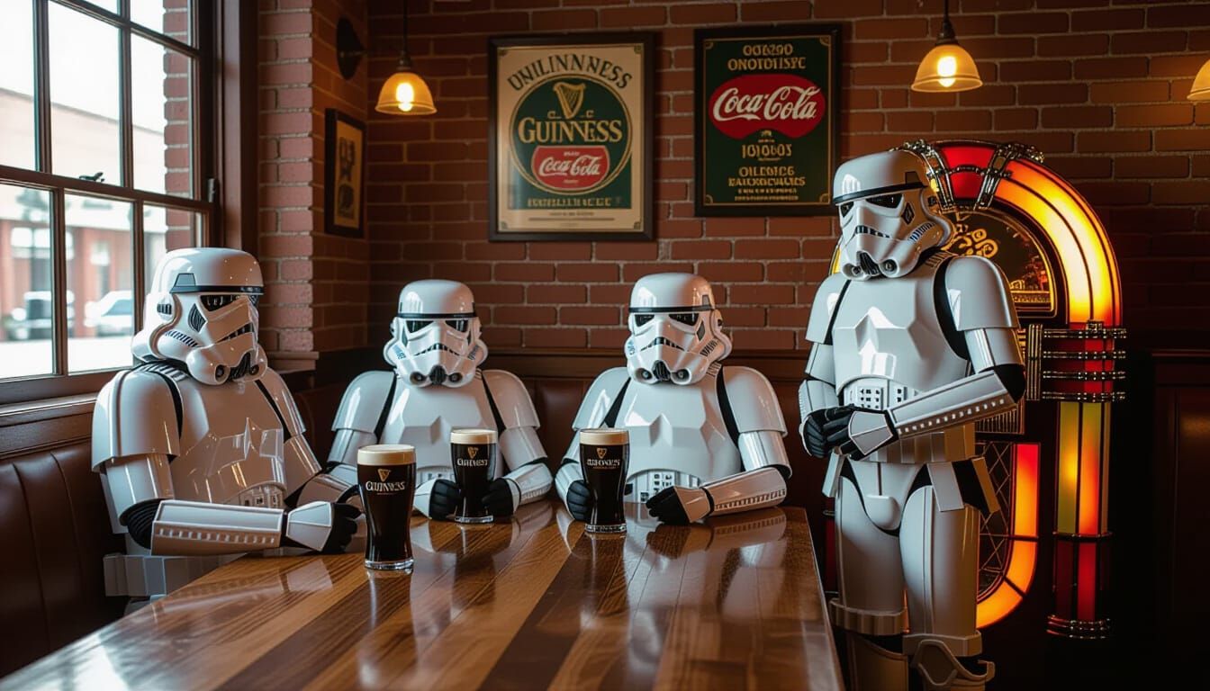 Stormtroopers Enjoy Guinness in Cozy Pub with Jukebox