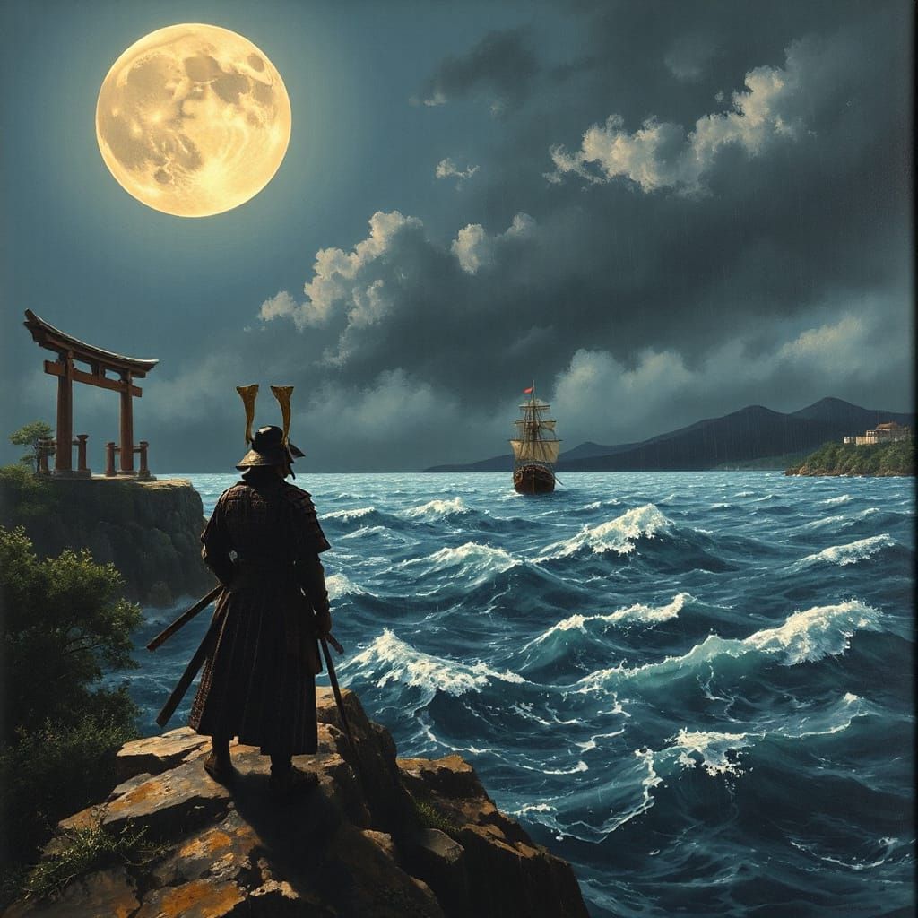 Moonlit Samurai on a Cliff Overlooking the Stormy Sea