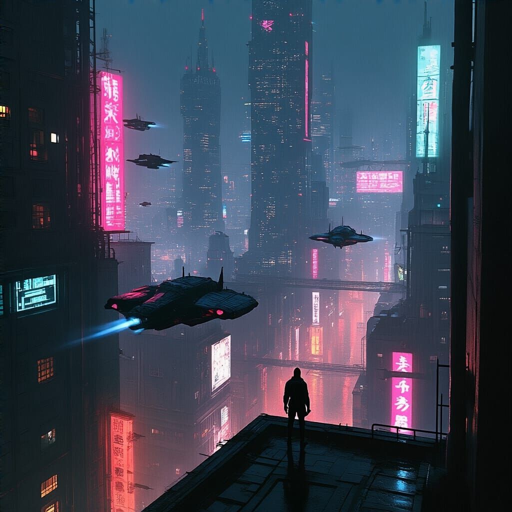 Cyberpunk Cityscape at Night with Neon Lights
