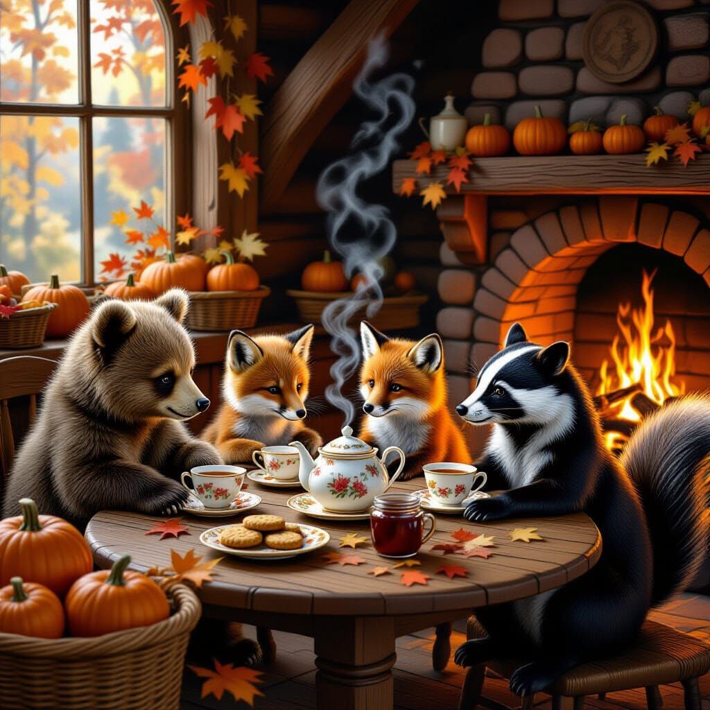 Forest Friends Enjoy Tea by Firelight