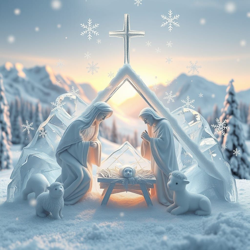 Surrealistic Winter Nativity Scene in Intricate Ice and Snow...