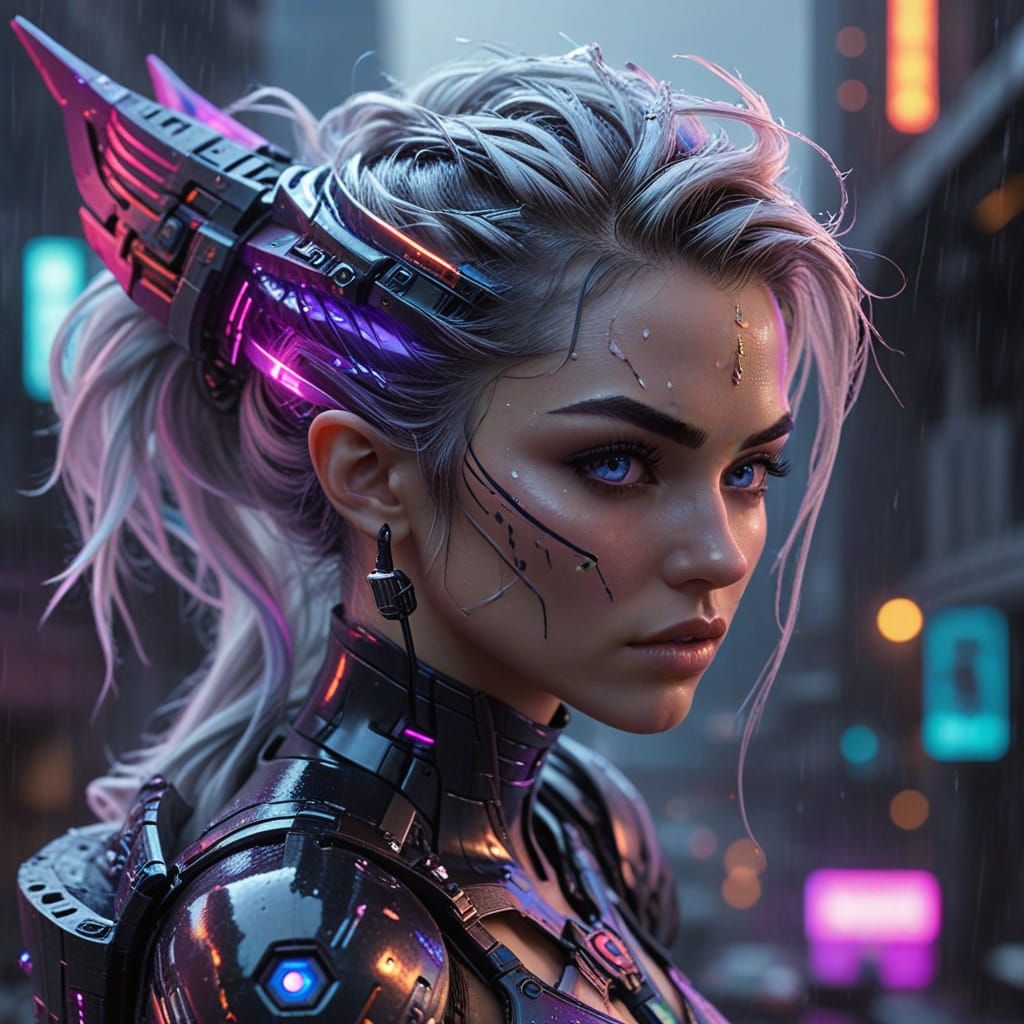 Cyberpunk Elf Queen on Rooftop Overlooking City