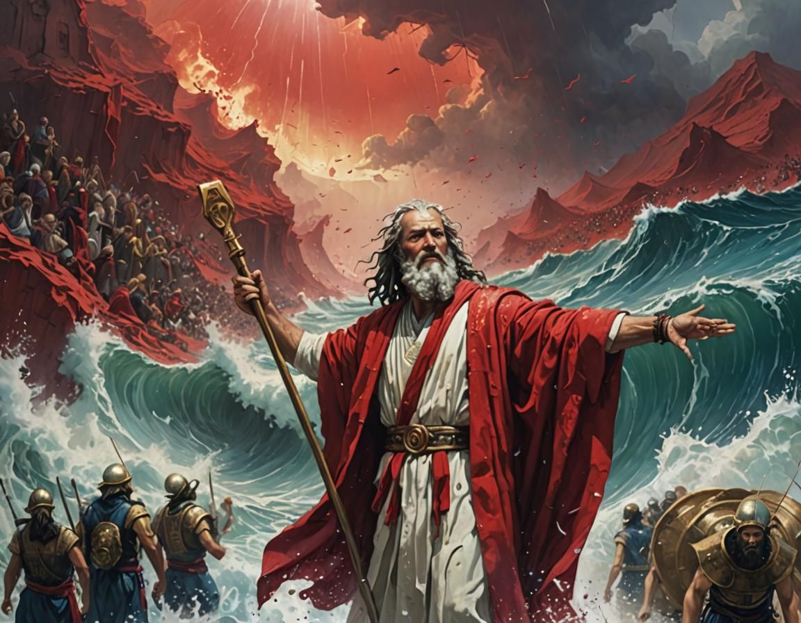 Cyberpunk Moses Parting the Neon-Infused Red Sea